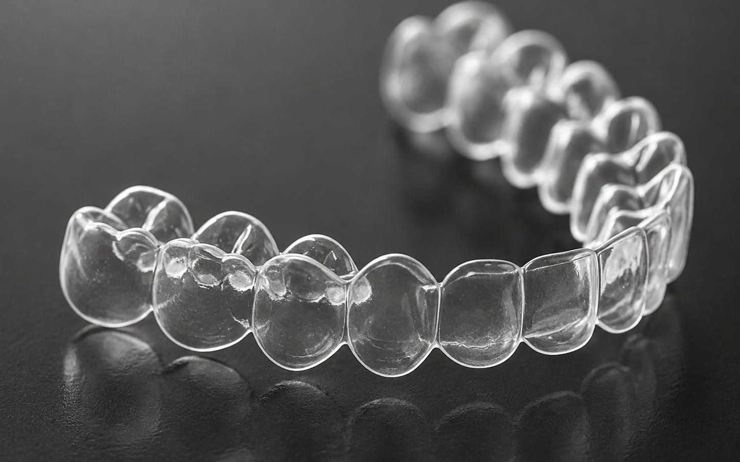 A clear orthodontic aligner tray resting on a dark surface