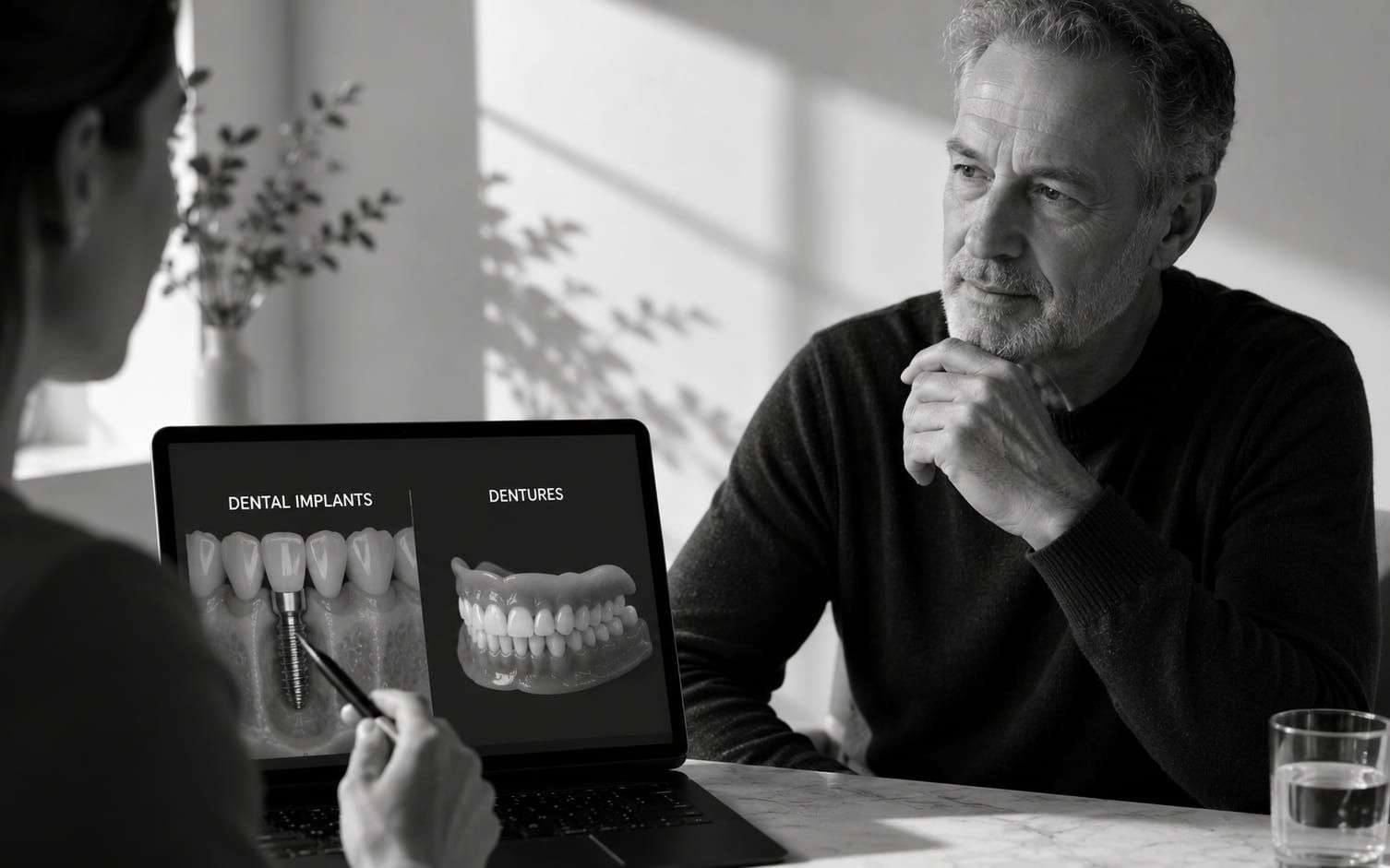 A clinician showing a patient a screen comparing dental implants and dentures
