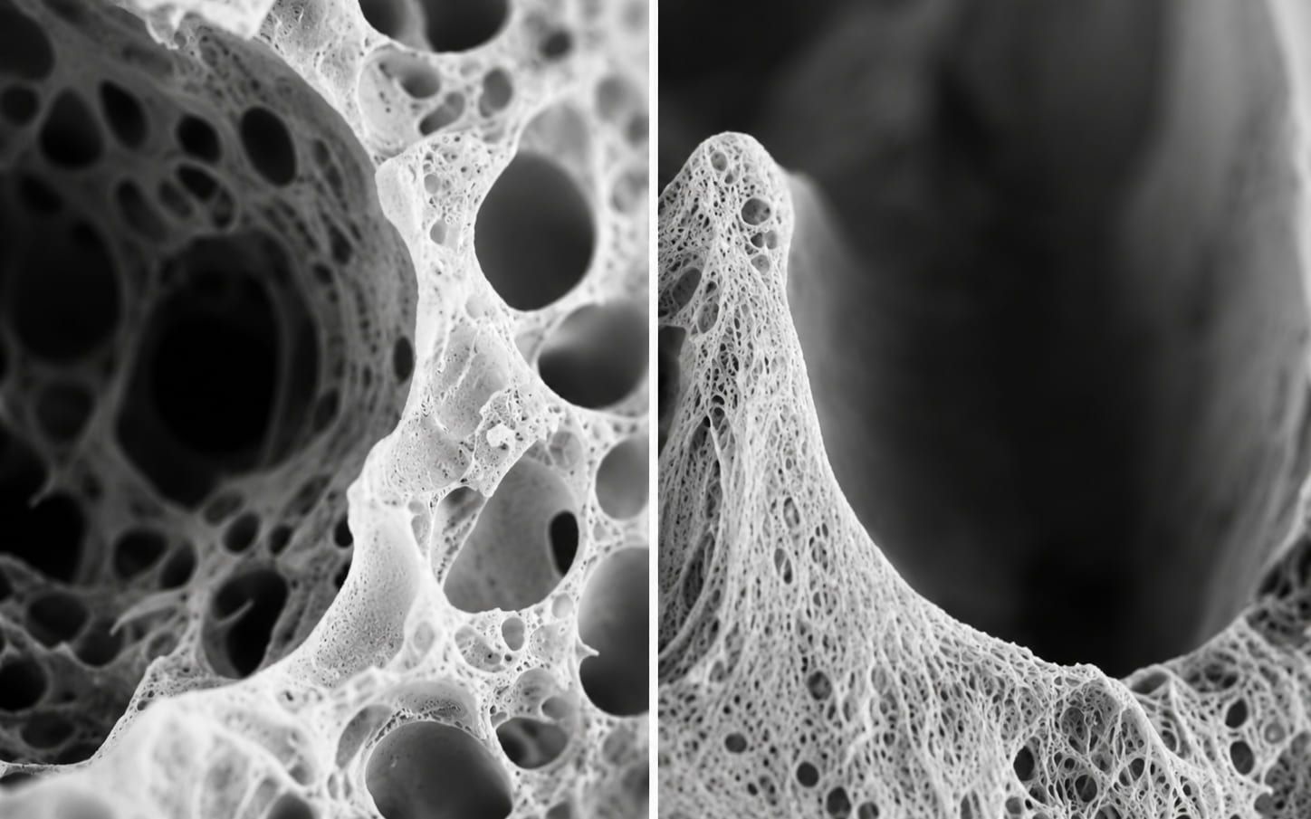 Side-by-side microscopic views of bone structure at two stages of healing