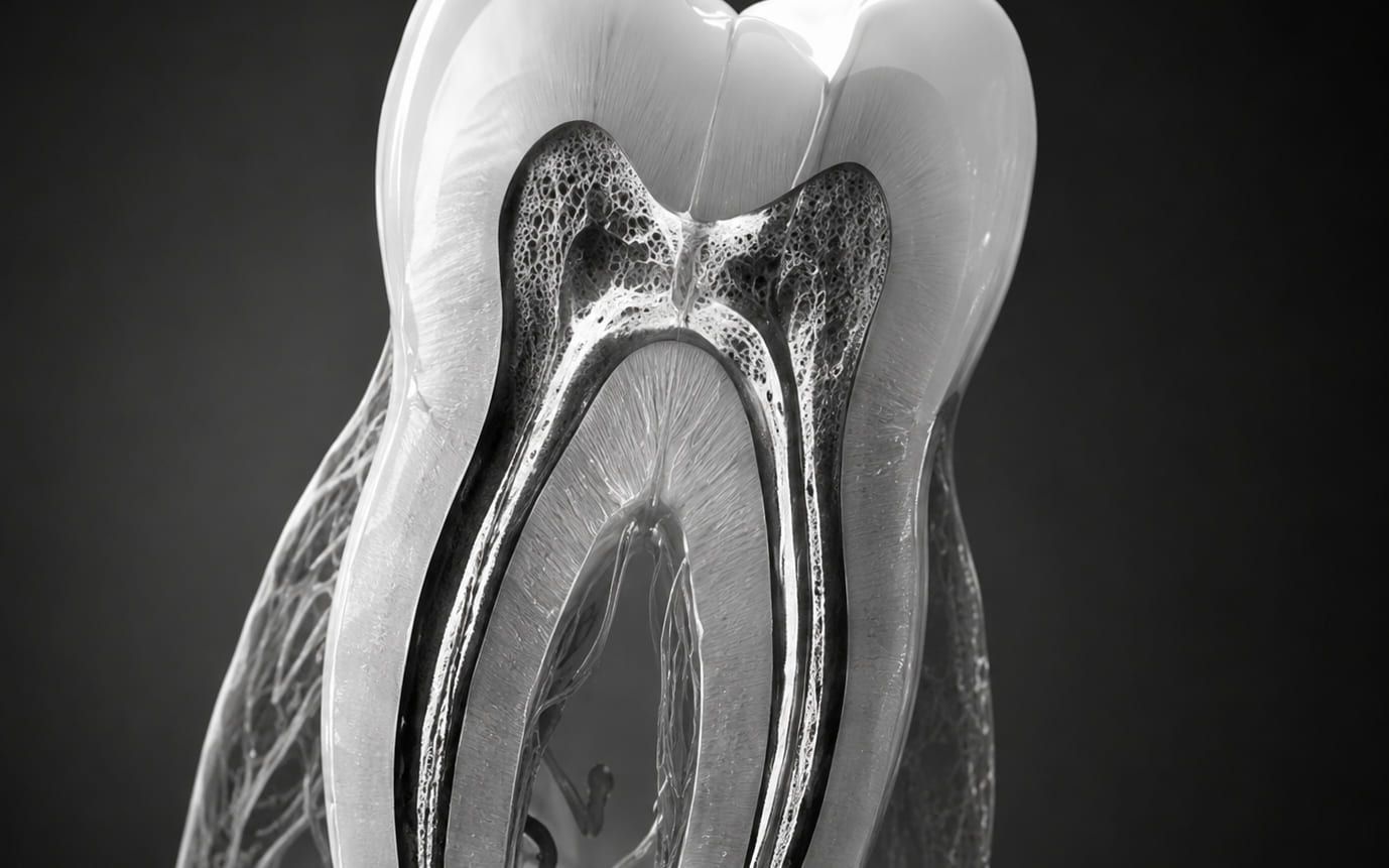 Cross-section of a molar showing the pulp chamber and root canals