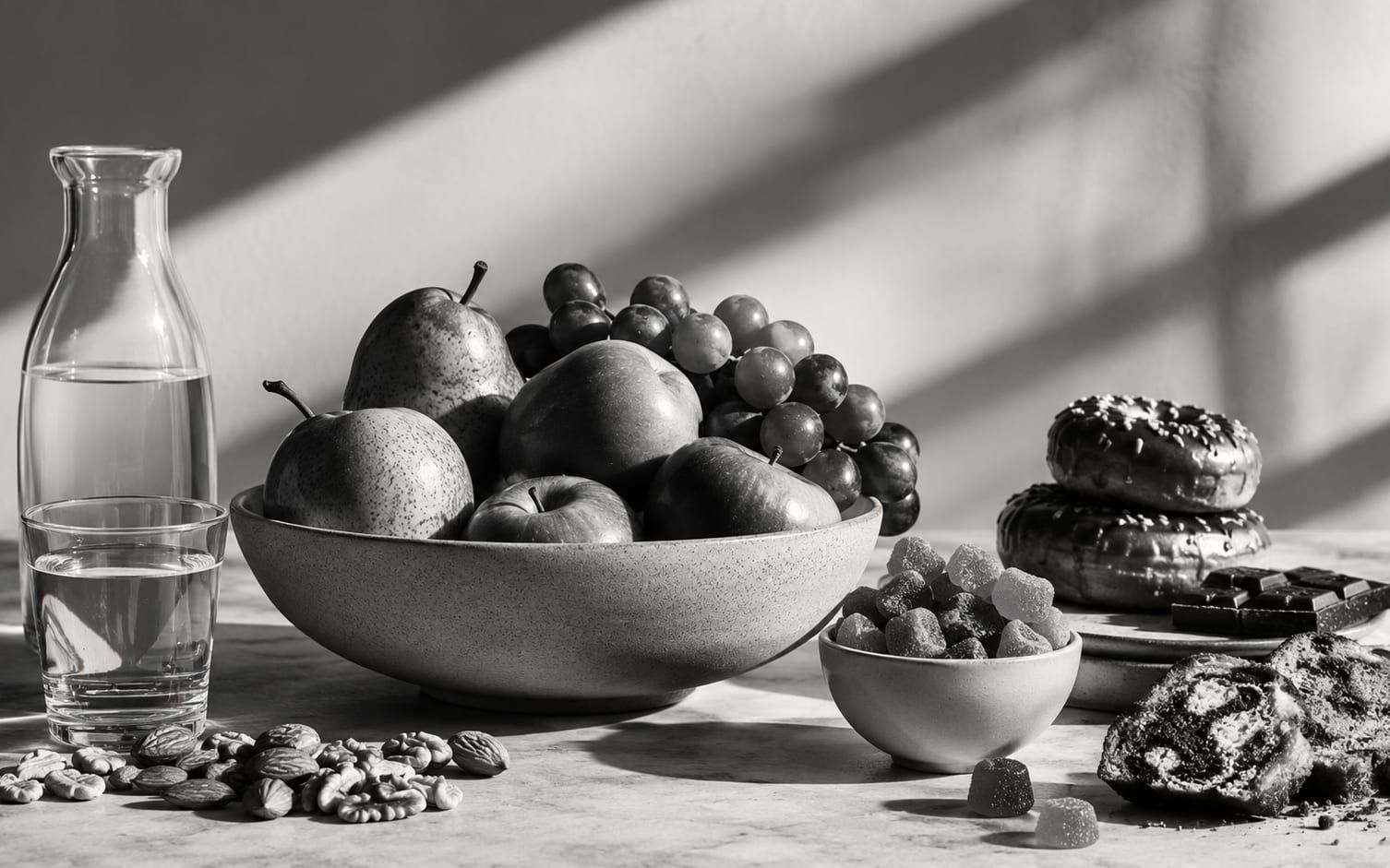 A still life of fresh fruit, nuts and water alongside pastries and sweets