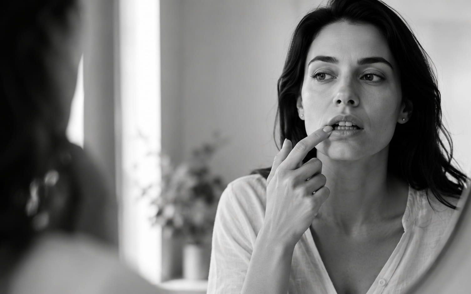 A woman examining her gum line in a bathroom mirror