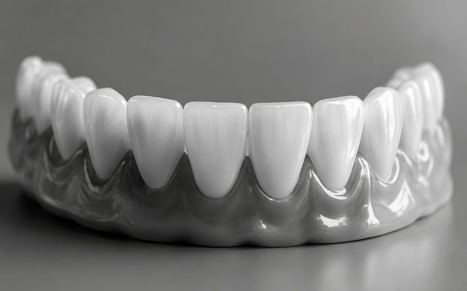 A full-arch ceramic restoration photographed against a plain background