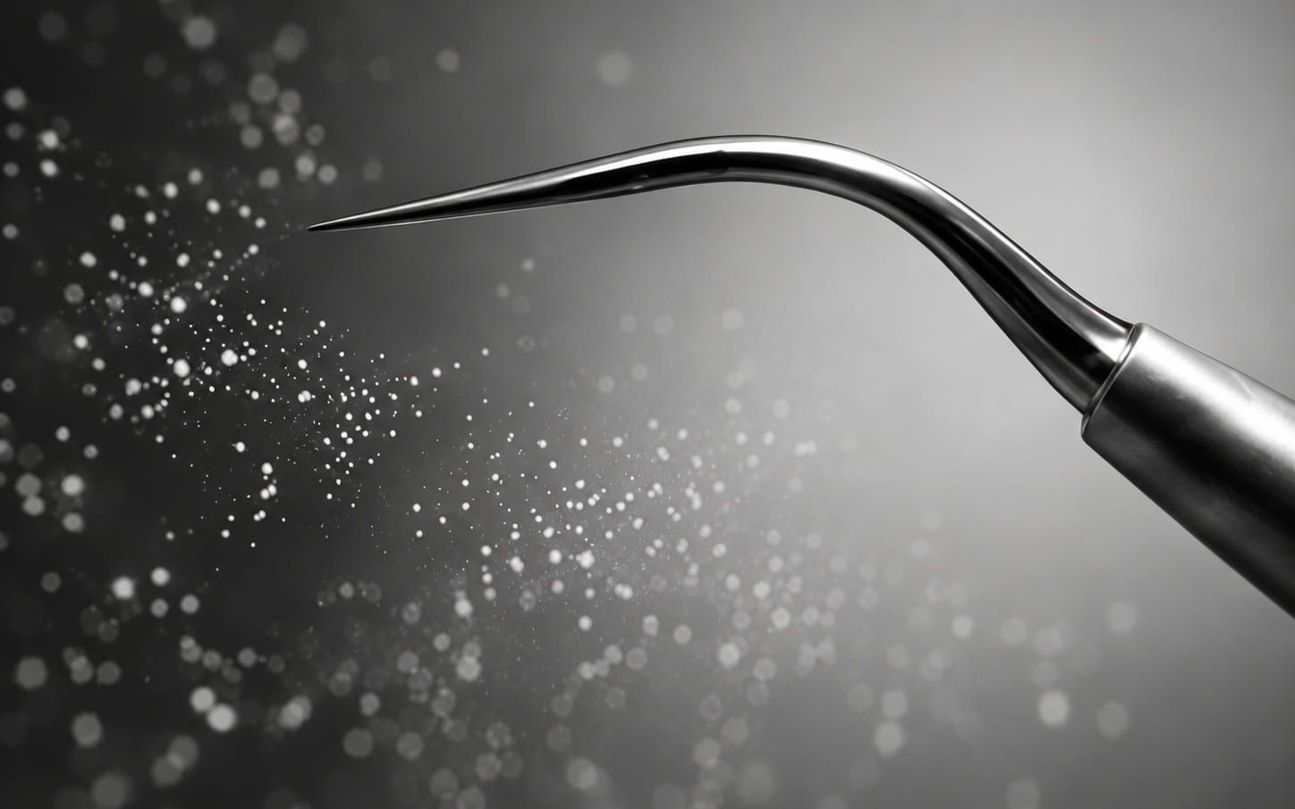 The tip of an ultrasonic dental scaler surrounded by a fine spray