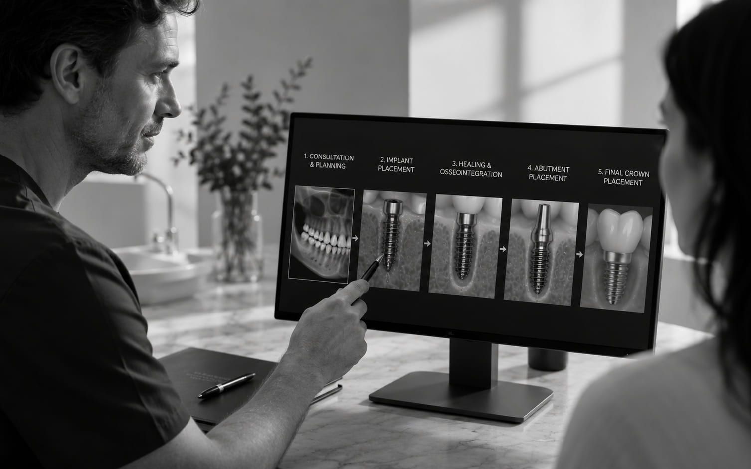 A dentist walking a patient through the stages of implant treatment on a monitor